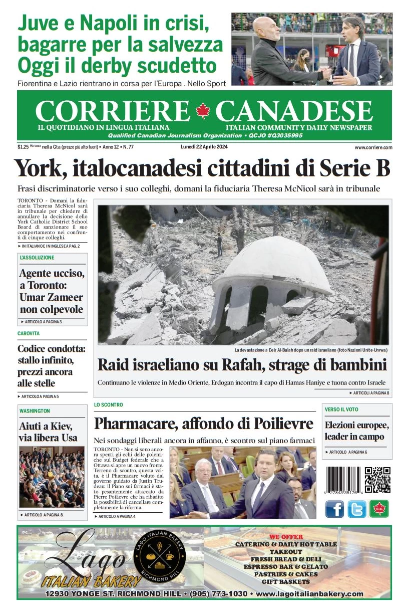 anteprima della prima pagina di corriere-canadese del 22/04/2024