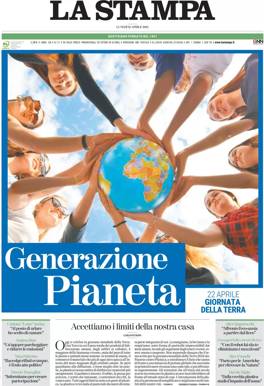 anteprima della prima pagina di la-stampa del 22/04/2024