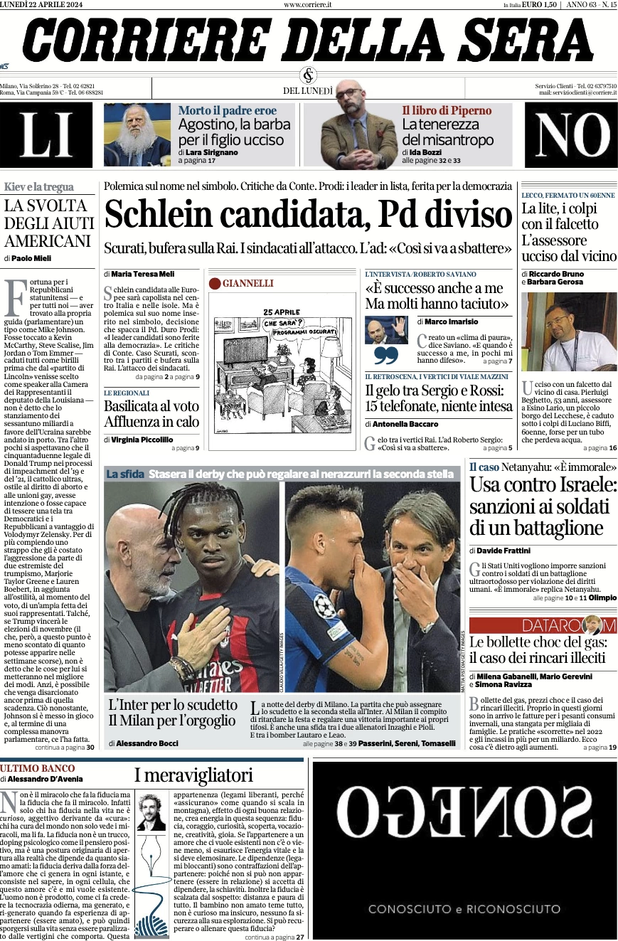 anteprima della prima pagina di corriere-della-sera del 22/04/2024