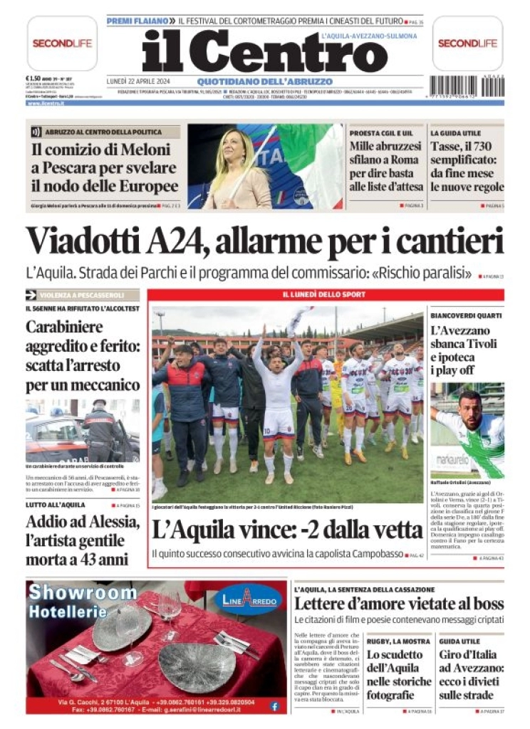 anteprima della prima pagina di il-centro-laquila del 22/04/2024