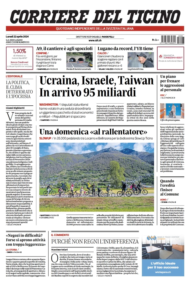 anteprima della prima pagina di corriere-del-ticino del 22/04/2024