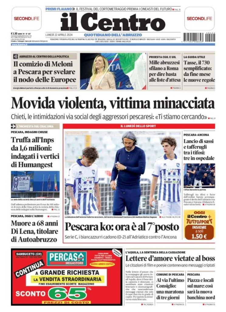 anteprima della prima pagina di il-centro-pescara del 22/04/2024