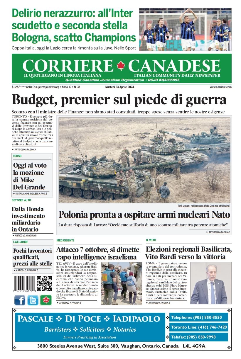 anteprima della prima pagina di corriere-canadese del 23/04/2024