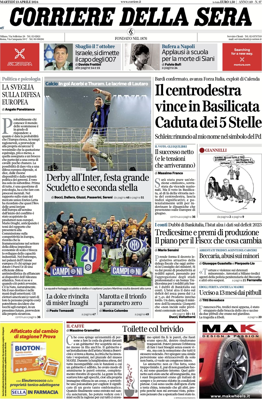 anteprima della prima pagina di corriere-della-sera del 23/04/2024