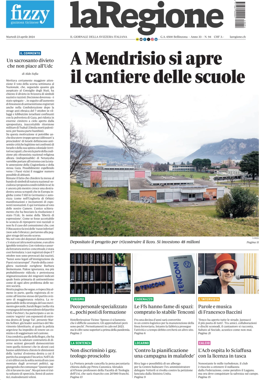 anteprima della prima pagina di la-regione del 23/04/2024