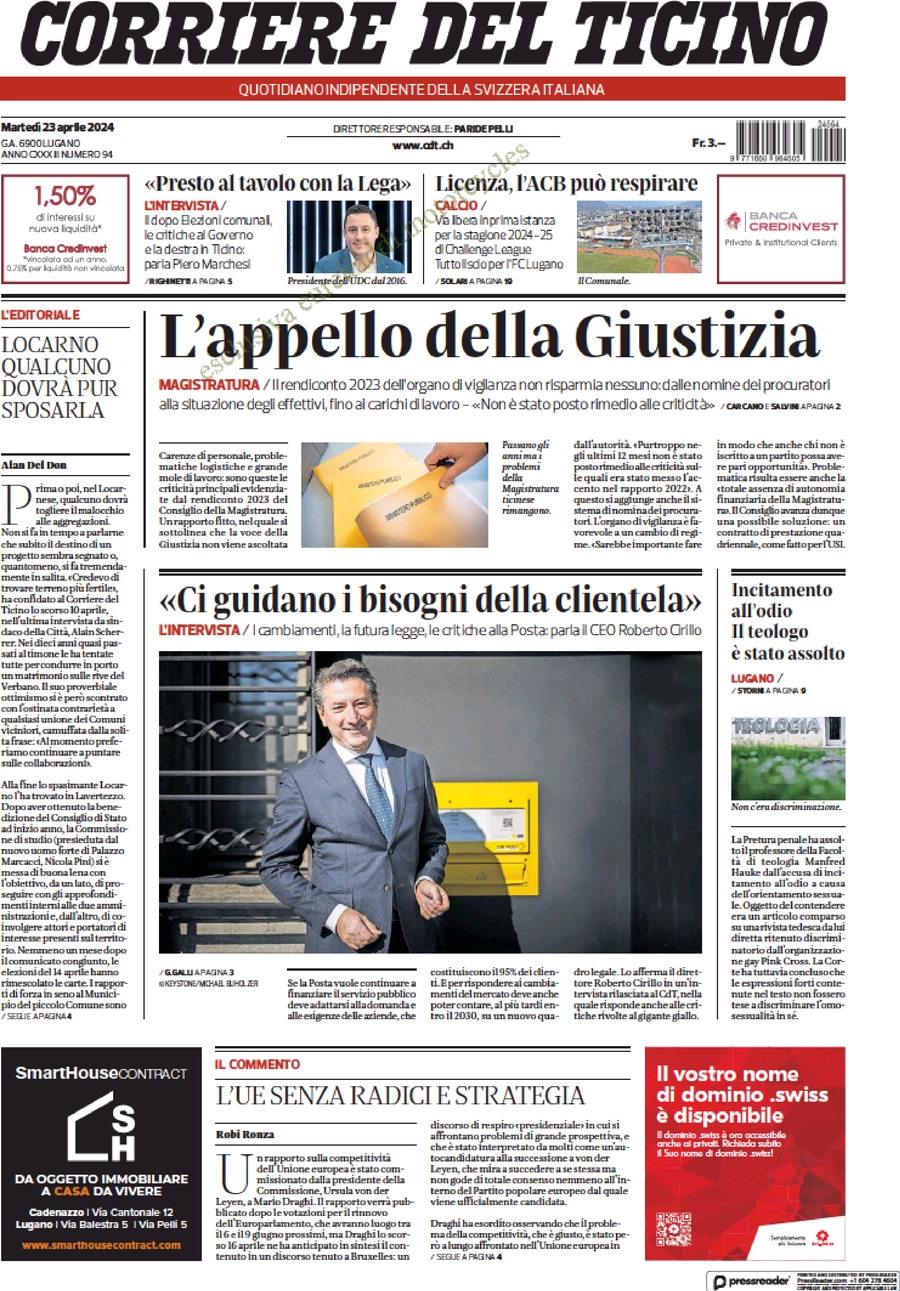 anteprima della prima pagina di corriere-del-ticino del 23/04/2024