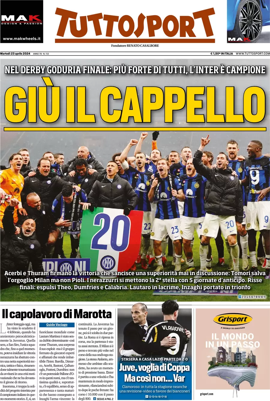 anteprima della prima pagina di tuttosport del 23/04/2024