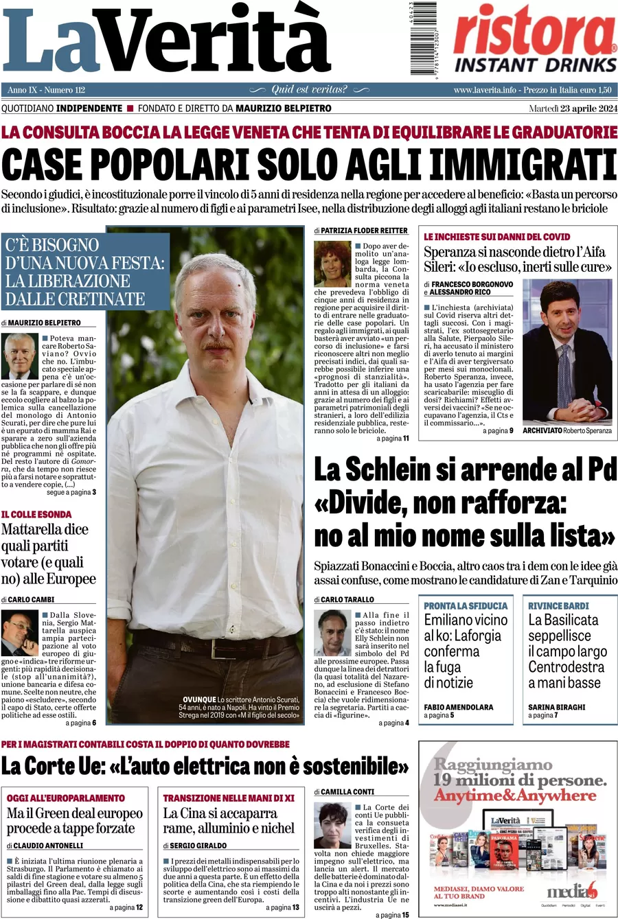 anteprima della prima pagina di la-verit del 23/04/2024