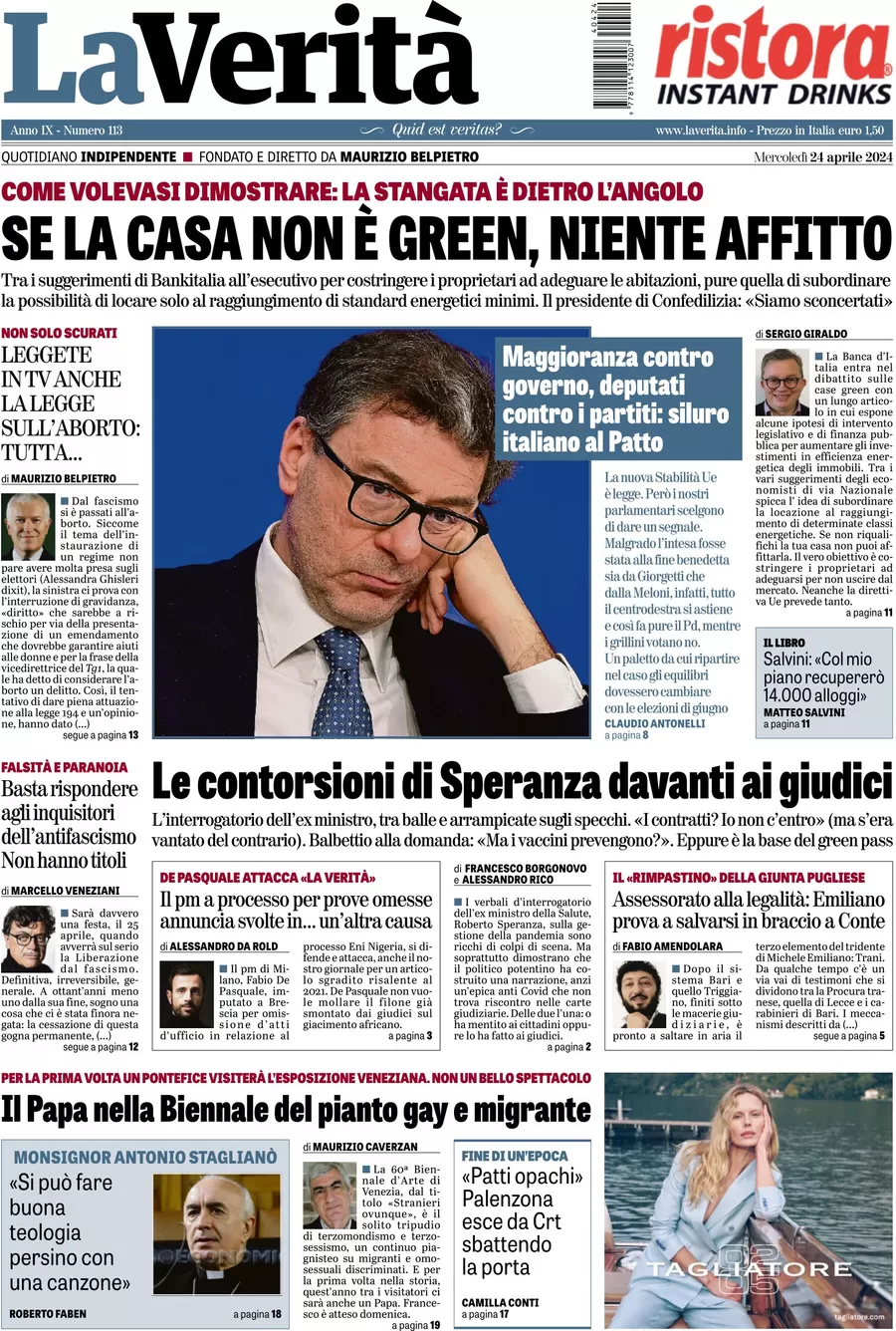 anteprima della prima pagina di la-verit del 24/04/2024