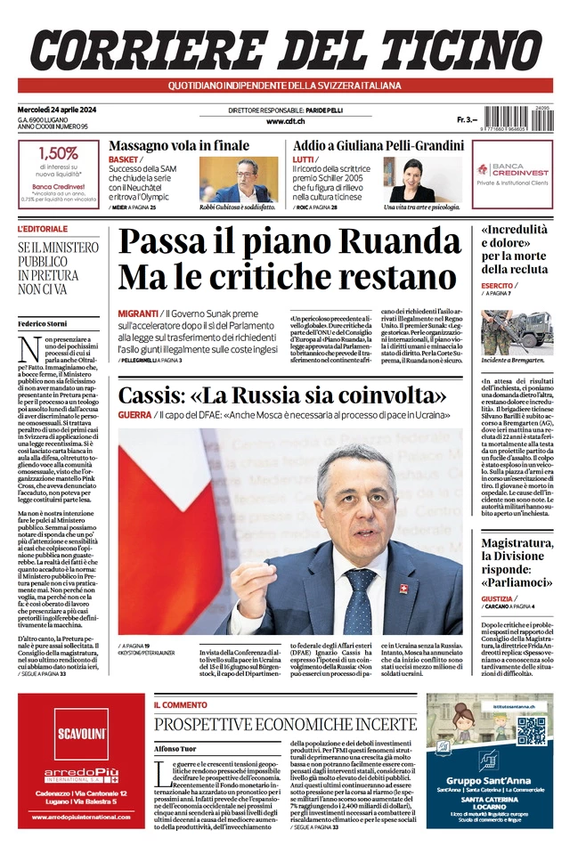 anteprima della prima pagina di corriere-del-ticino del 24/04/2024