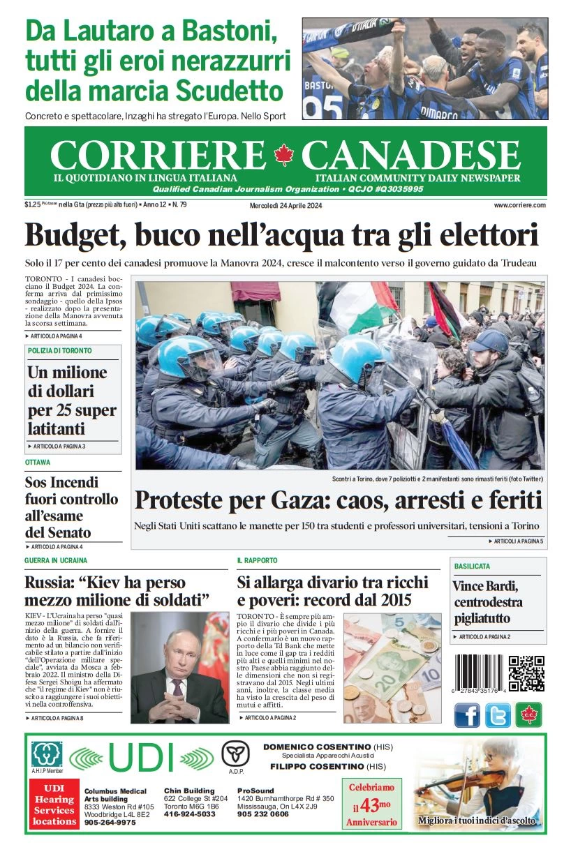 anteprima della prima pagina di corriere-canadese del 24/04/2024