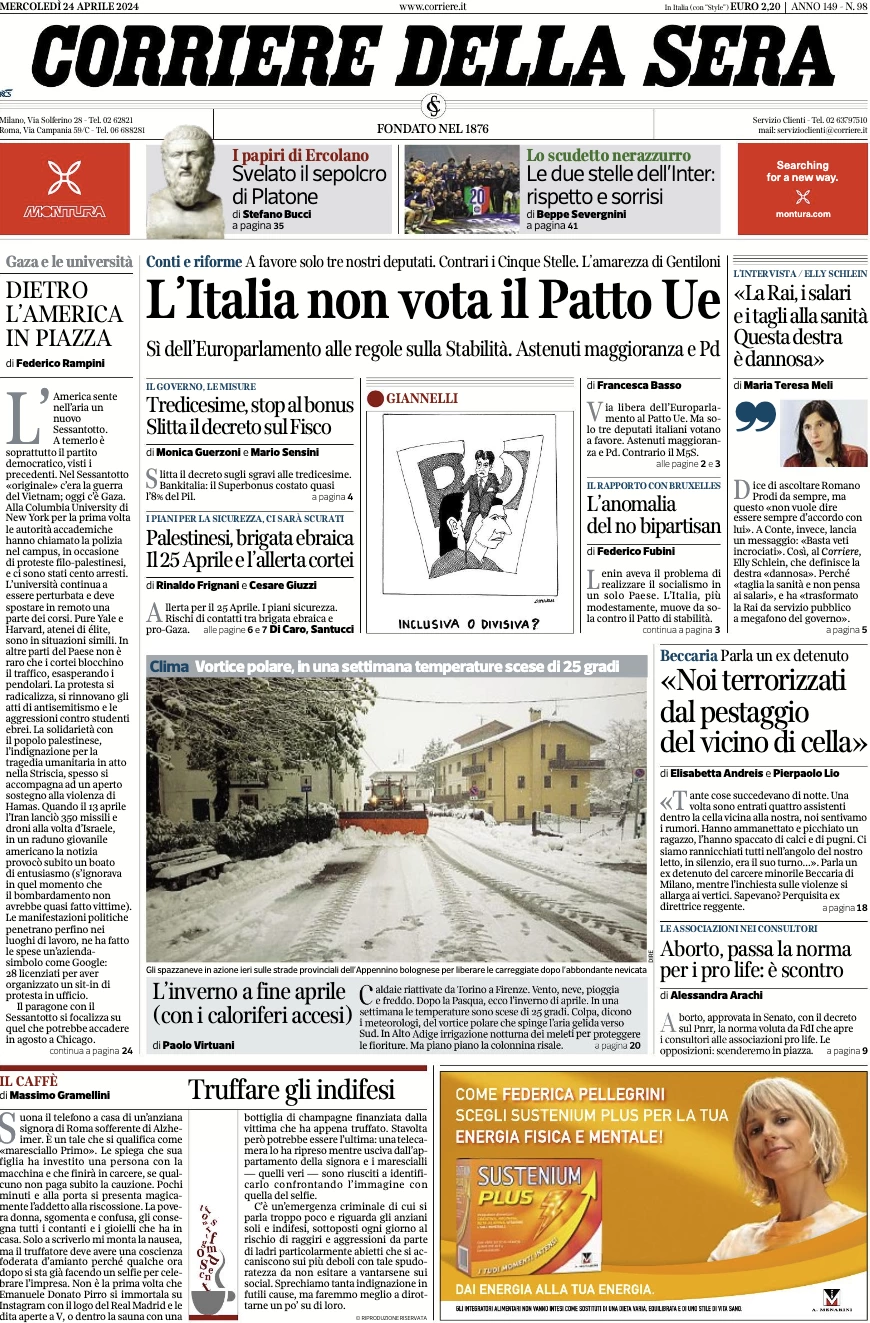 anteprima della prima pagina di corriere-della-sera del 24/04/2024