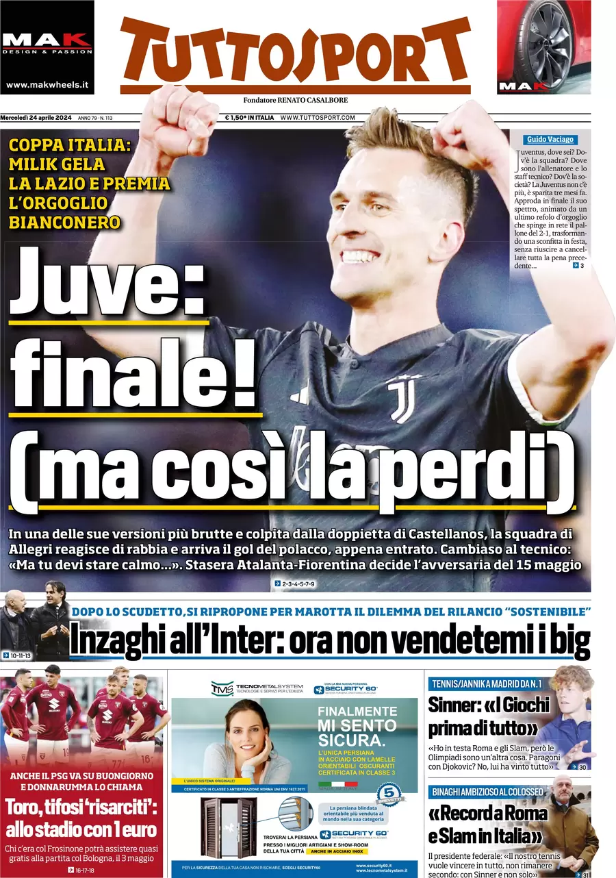 anteprima della prima pagina di tuttosport del 24/04/2024