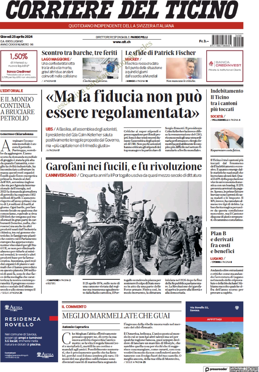 anteprima della prima pagina di corriere-del-ticino del 25/04/2024