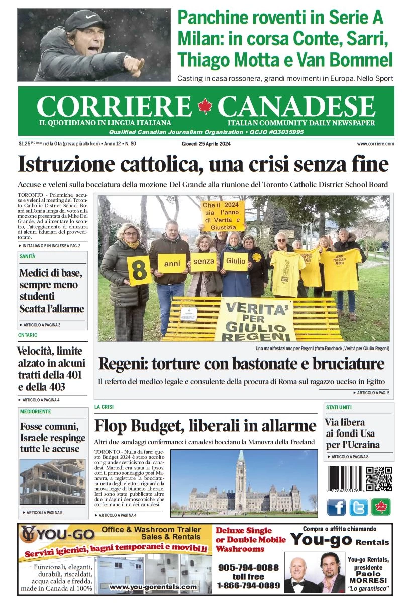 anteprima della prima pagina di corriere-canadese del 25/04/2024