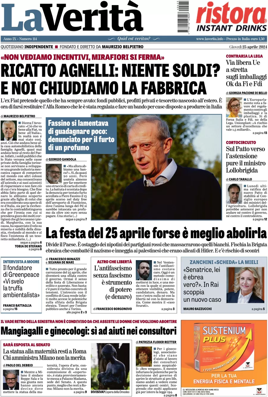 anteprima della prima pagina di la-verit del 25/04/2024