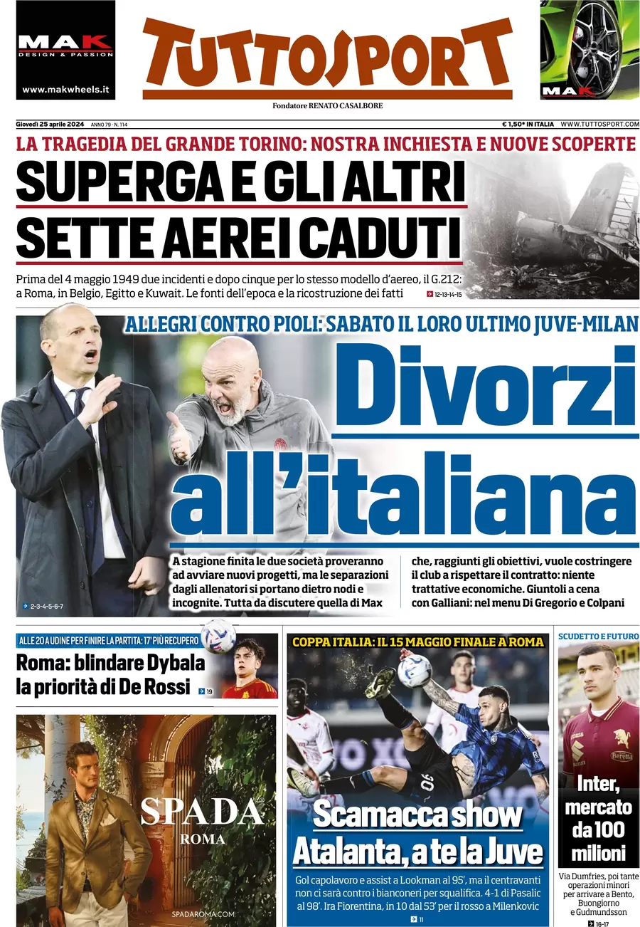 anteprima della prima pagina di tuttosport del 25/04/2024