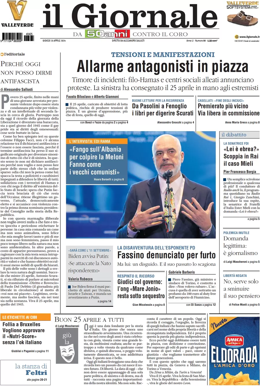 anteprima della prima pagina di il-giornale del 25/04/2024