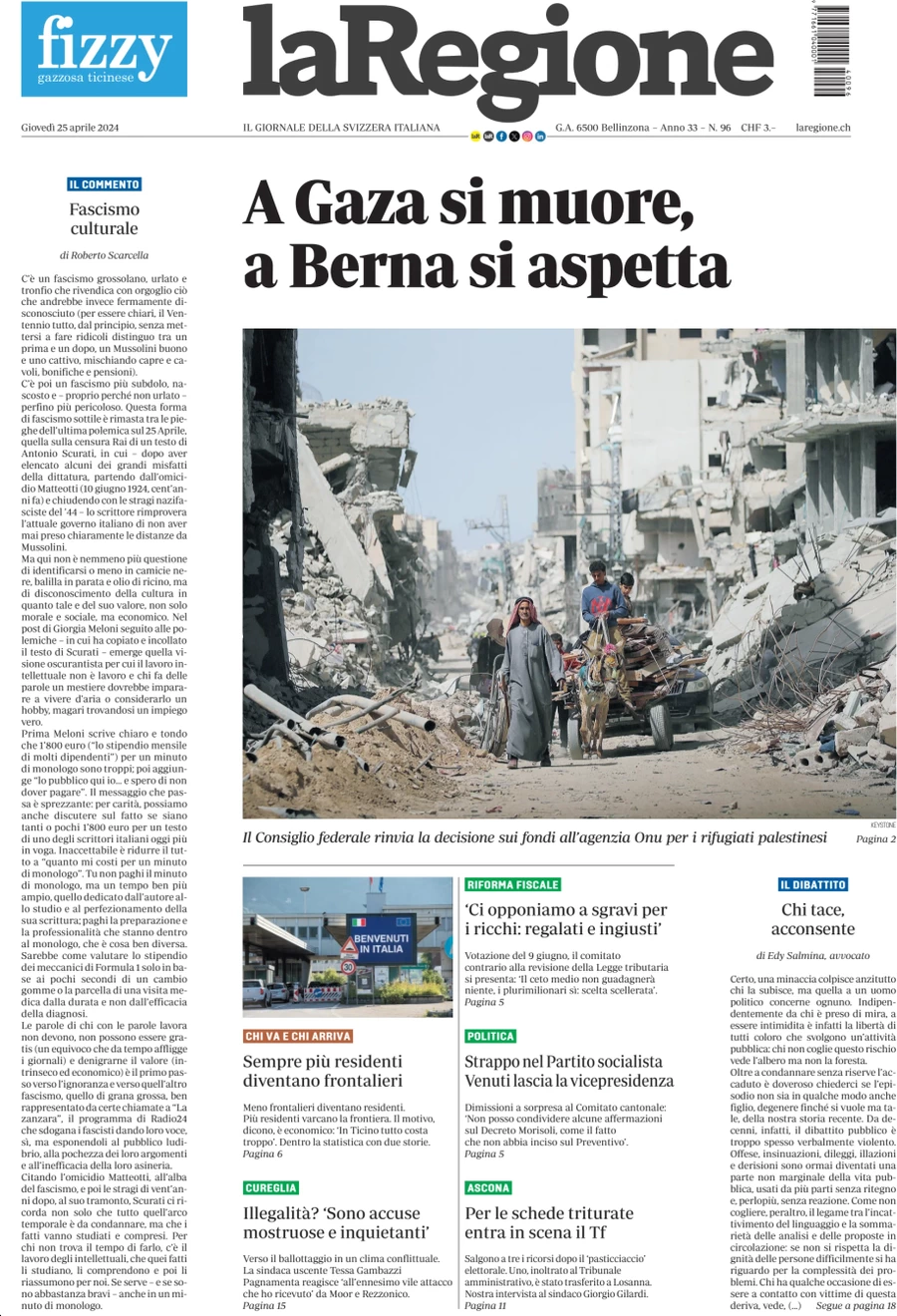 anteprima della prima pagina di la-regione del 25/04/2024