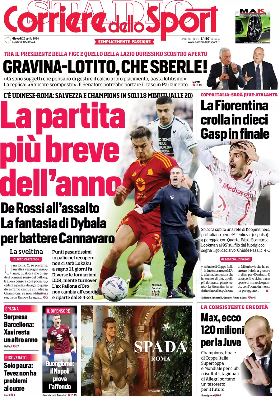 anteprima della prima pagina di corriere-dello-sport del 25/04/2024