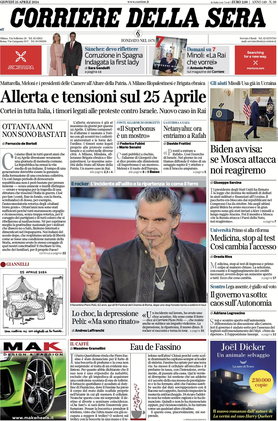 anteprima della prima pagina di corriere-della-sera del 25/04/2024