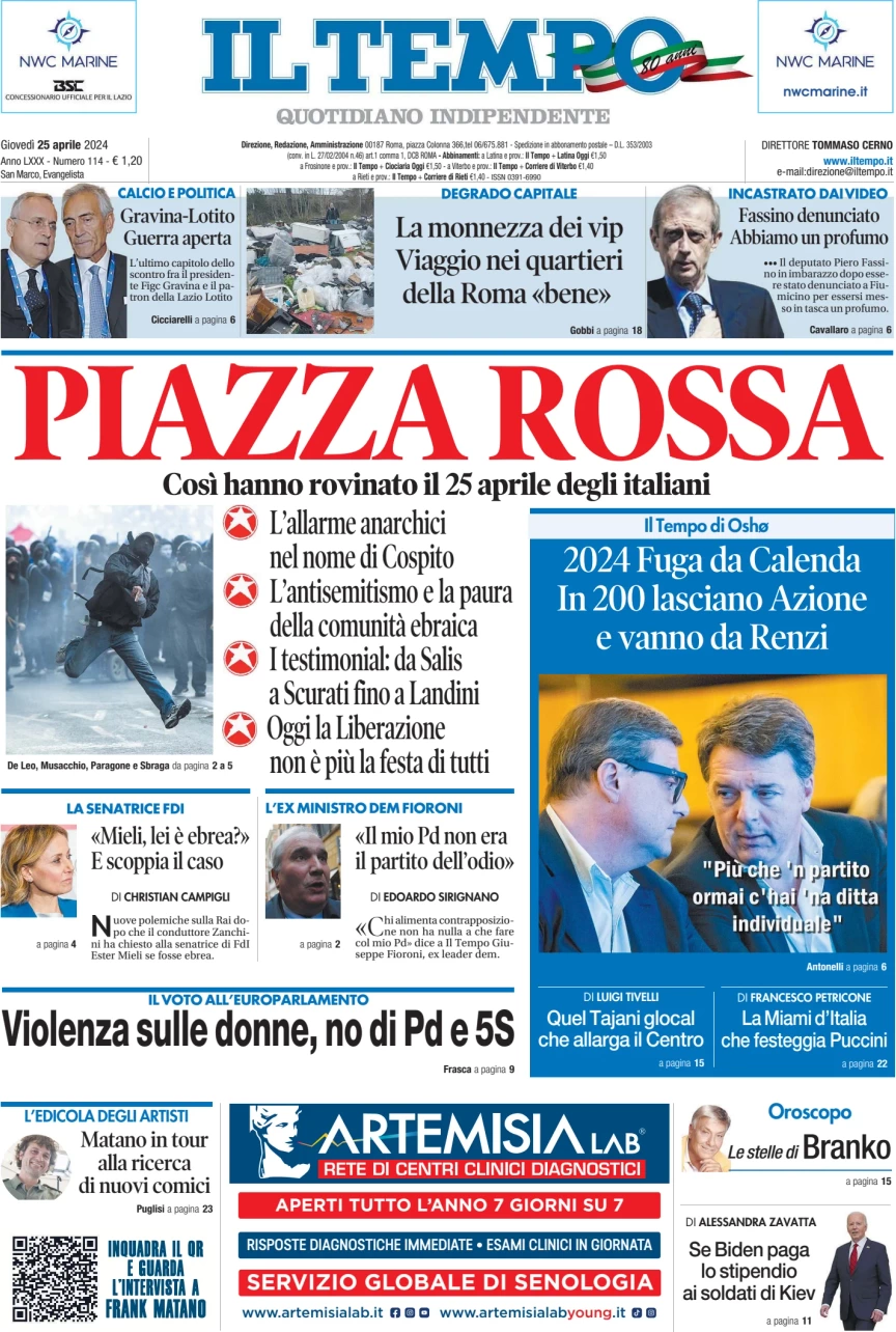 anteprima della prima pagina di il-tempo del 25/04/2024