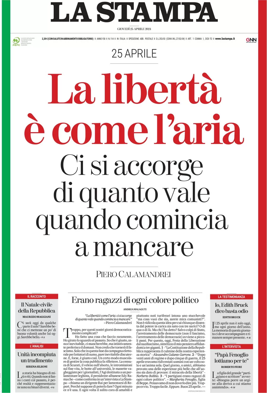 anteprima della prima pagina di la-stampa del 25/04/2024