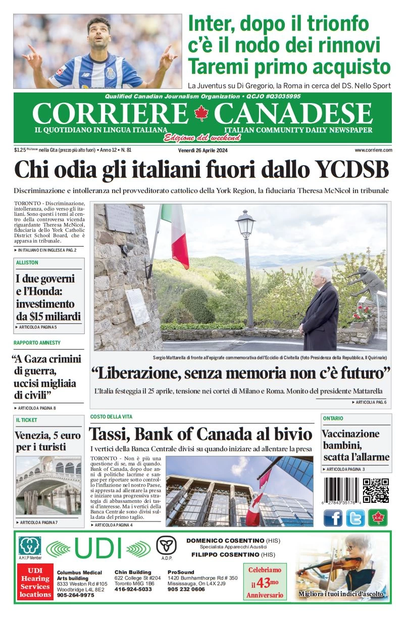 anteprima della prima pagina di corriere-canadese del 26/04/2024