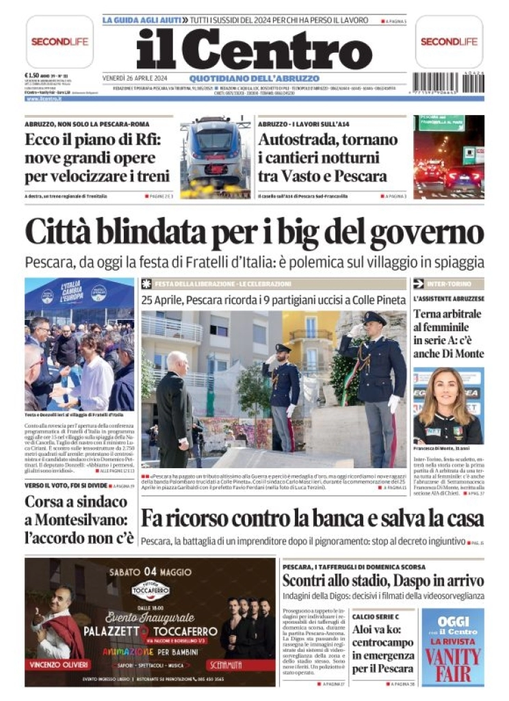 anteprima della prima pagina di il-centro-pescara del 26/04/2024