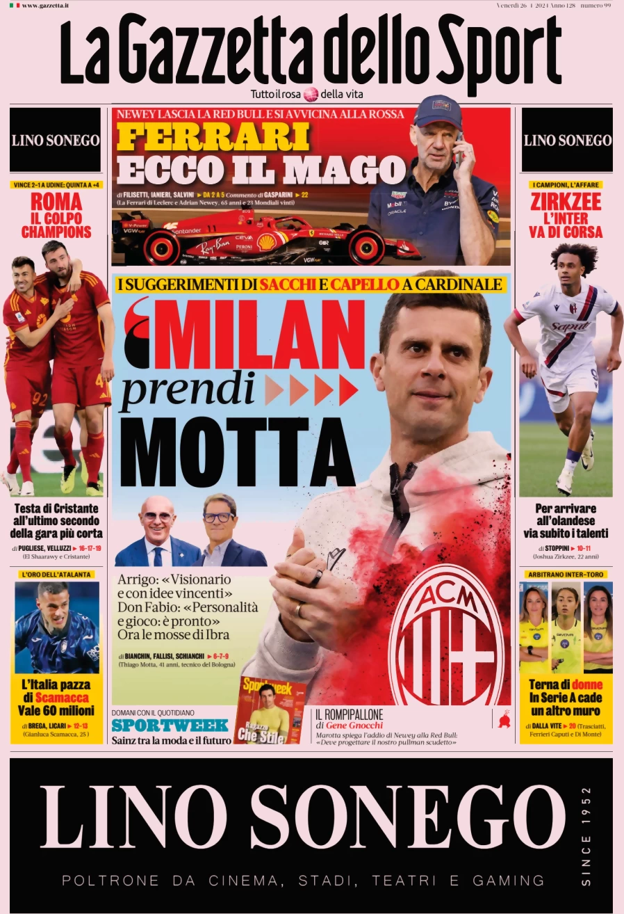 anteprima della prima pagina di la-gazzetta-dello-sport del 26/04/2024