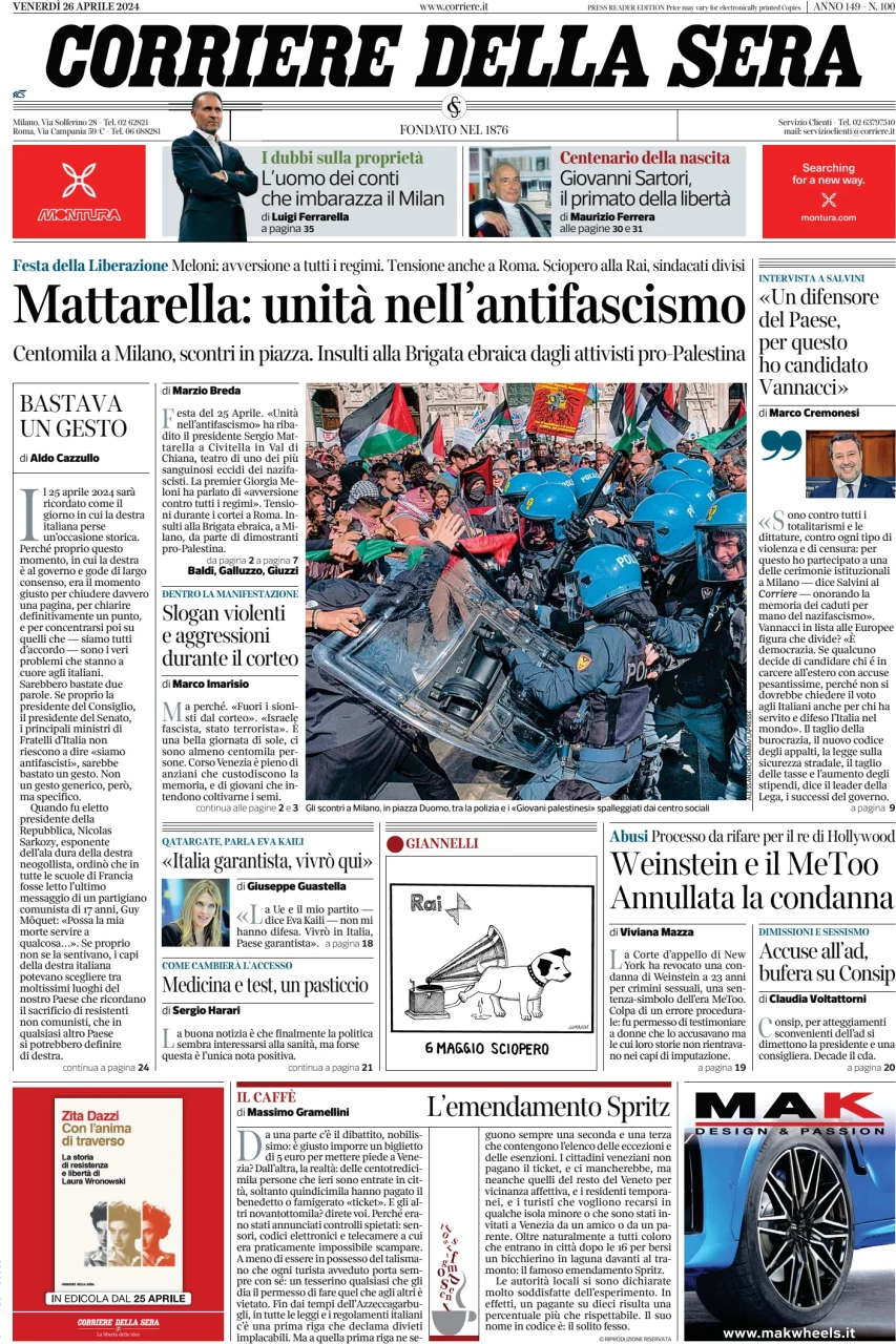 anteprima della prima pagina di corriere-della-sera del 26/04/2024