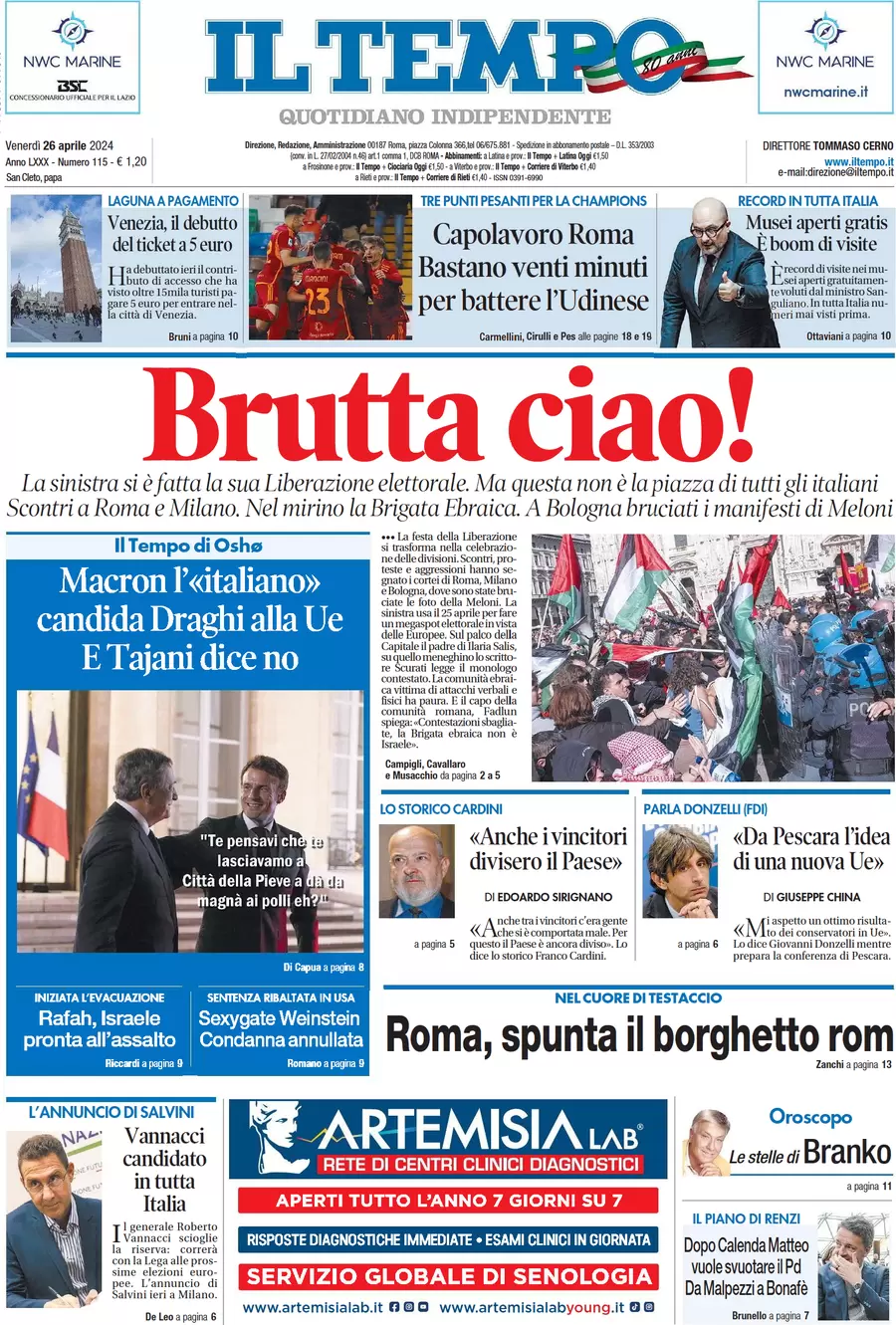 anteprima della prima pagina di il-tempo del 26/04/2024