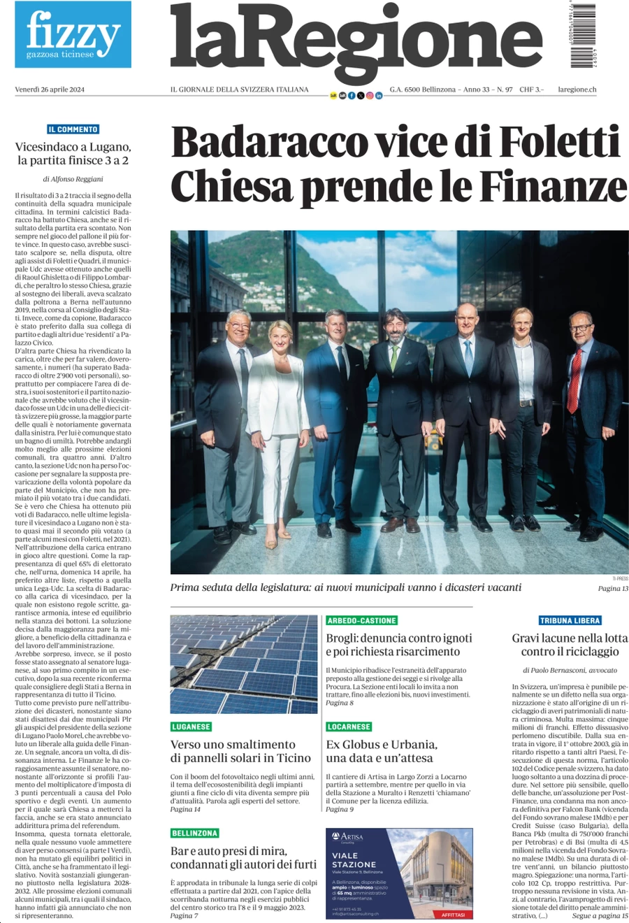 anteprima della prima pagina di la-regione del 26/04/2024