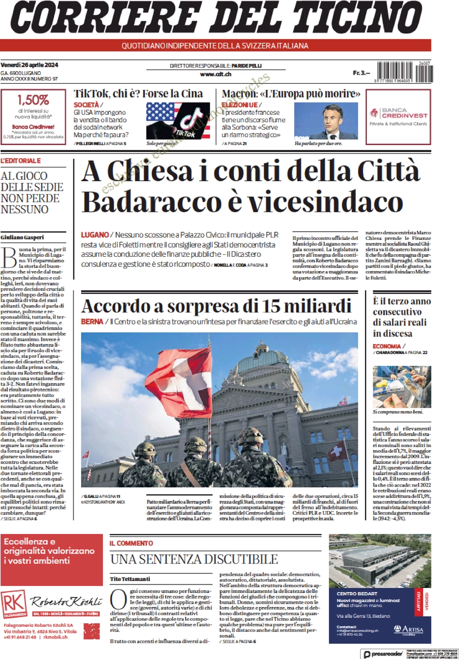 anteprima della prima pagina di corriere-del-ticino del 26/04/2024