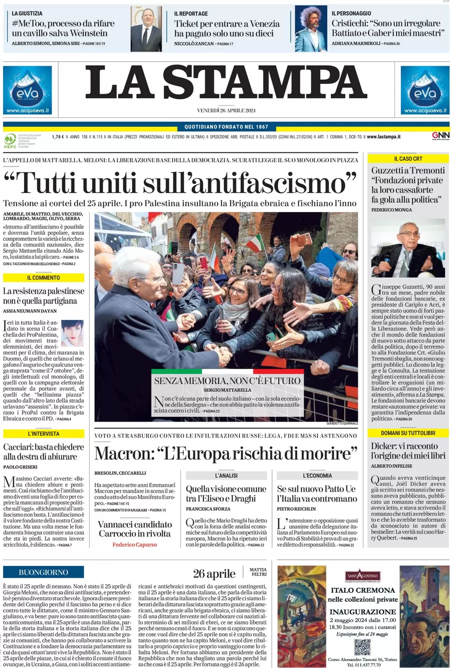 anteprima della prima pagina di la-stampa del 26/04/2024