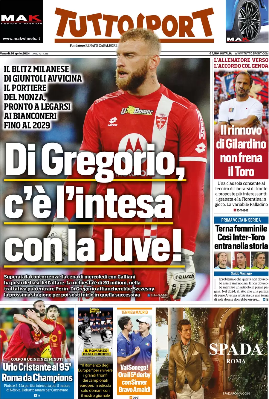 anteprima della prima pagina di tuttosport del 26/04/2024