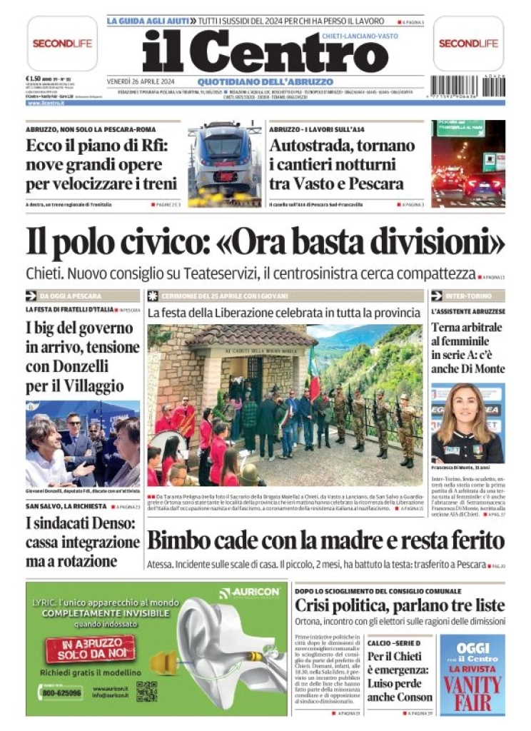 anteprima della prima pagina di il-centro-chieti del 26/04/2024