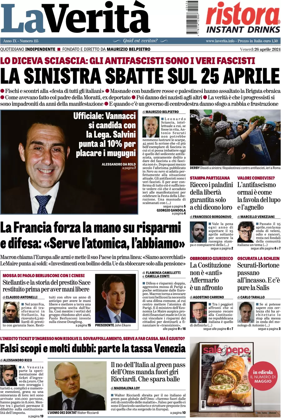 anteprima della prima pagina di la-verit del 26/04/2024