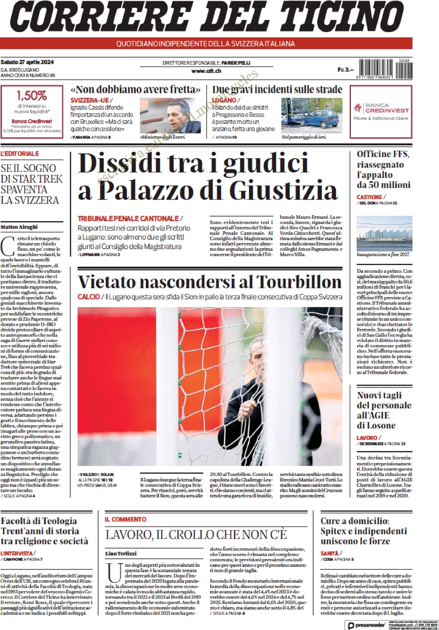 anteprima della prima pagina di corriere-del-ticino del 27/04/2024