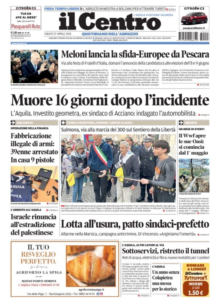 anteprima della prima pagina di il-centro-laquila del 27/04/2024