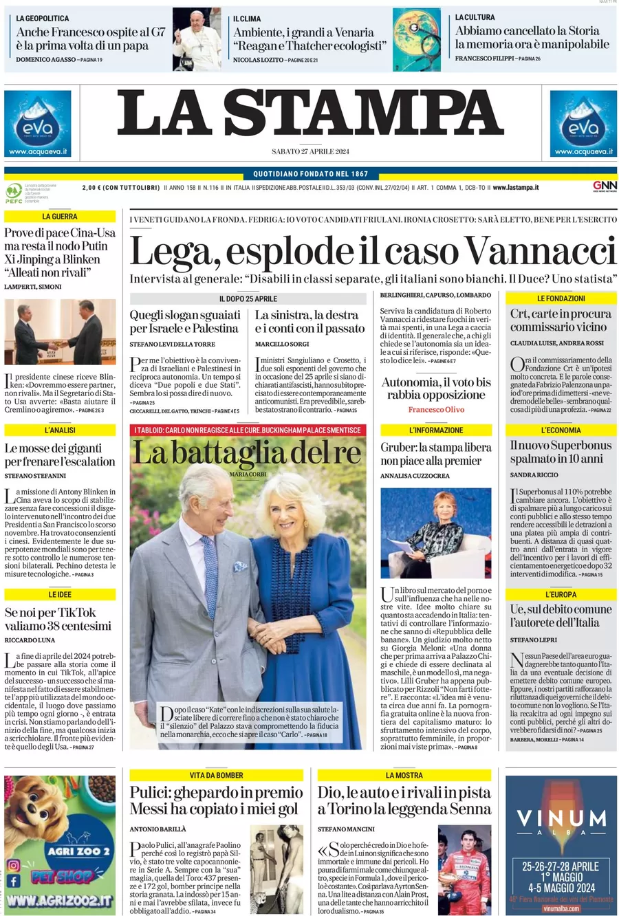 anteprima della prima pagina di la-stampa del 27/04/2024