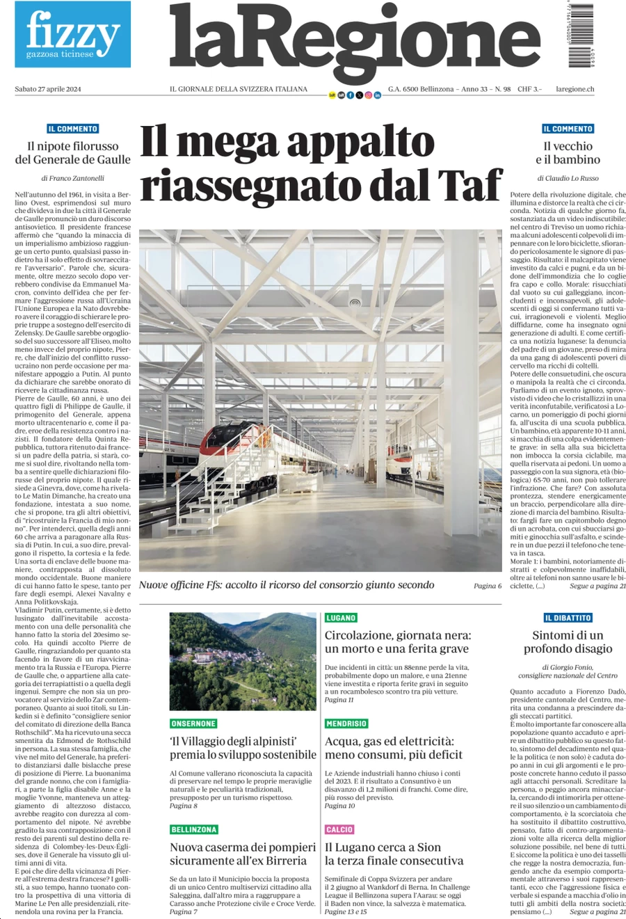 anteprima della prima pagina di la-regione del 27/04/2024