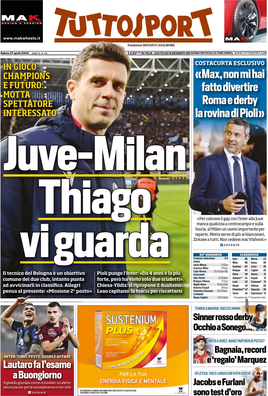 anteprima della prima pagina di tuttosport del 27/04/2024