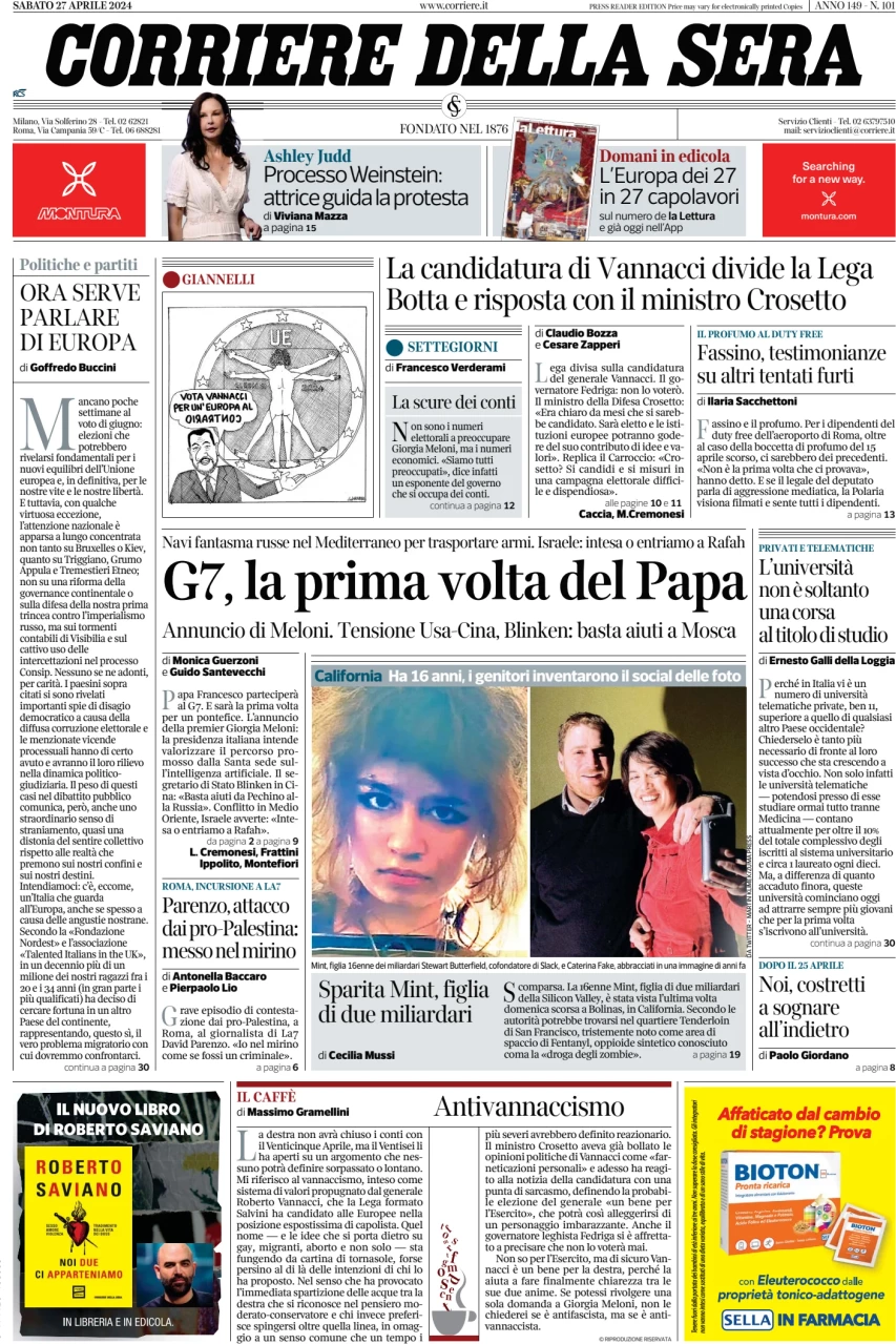 anteprima della prima pagina di corriere-della-sera del 27/04/2024