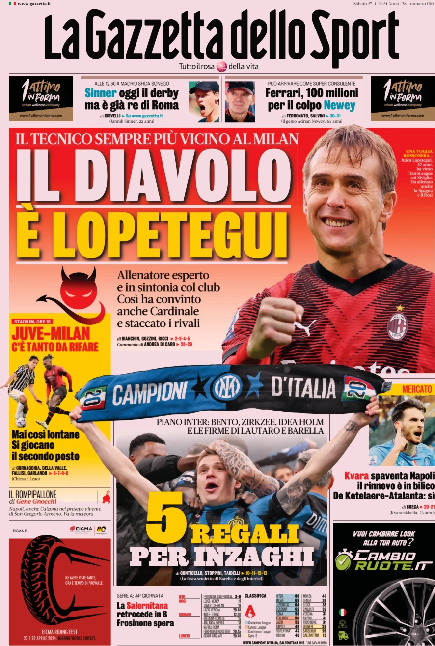 anteprima della prima pagina di la-gazzetta-dello-sport del 27/04/2024