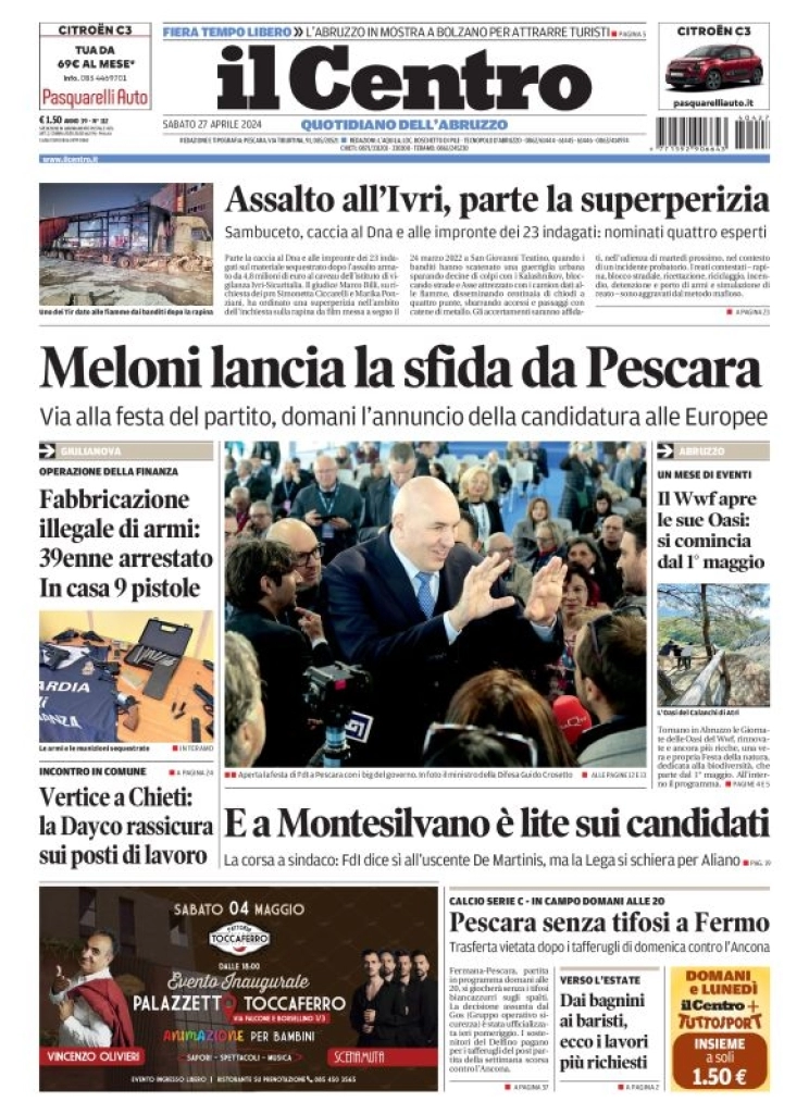 anteprima della prima pagina di il-centro-pescara del 27/04/2024