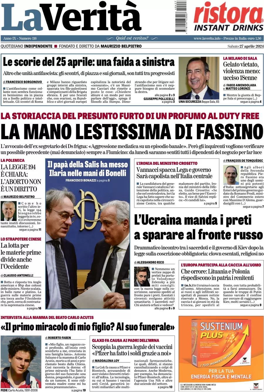 anteprima della prima pagina di la-verit del 27/04/2024