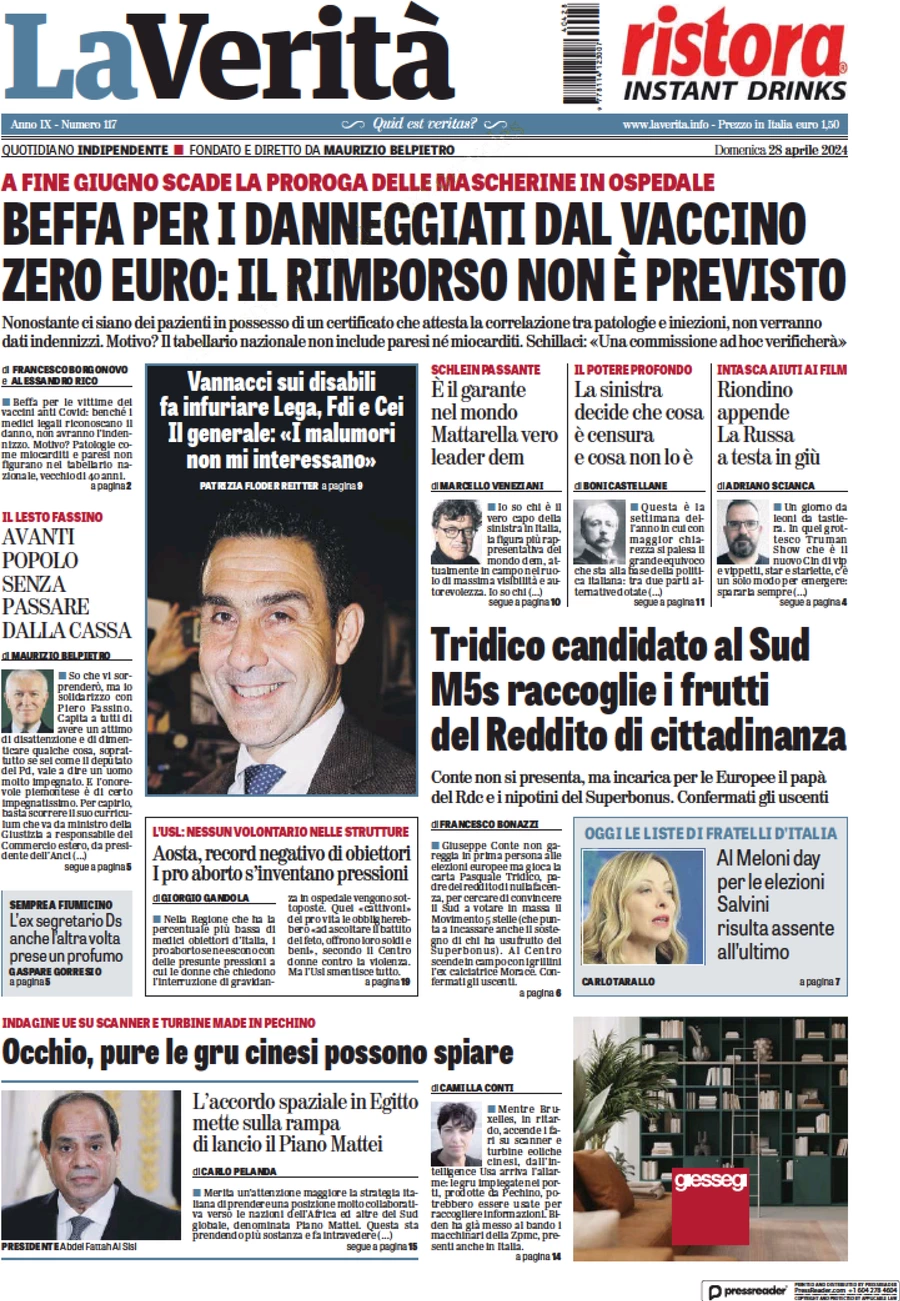 anteprima della prima pagina di la-verit del 28/04/2024