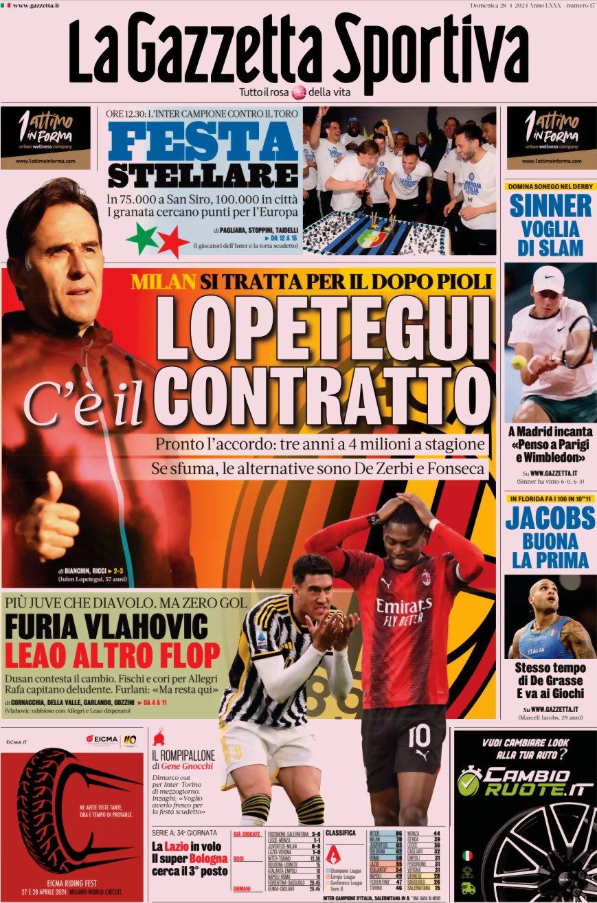 anteprima della prima pagina di la-gazzetta-dello-sport del 28/04/2024