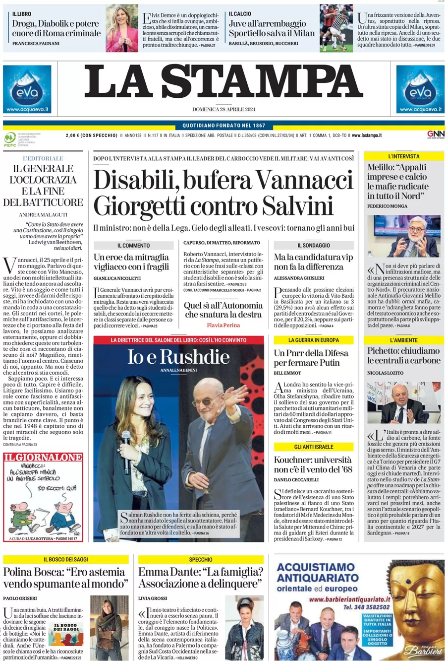 anteprima della prima pagina di la-stampa del 28/04/2024